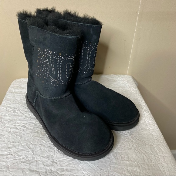 UGG Classic Gem Sparkle Logo Suede Leather Boots - Picture 1 of 8